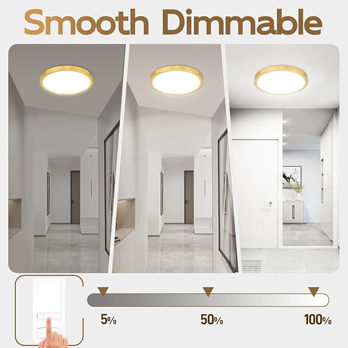 Hlite Dimmable 2pack 12 inch Gold Flush Mount Ceiling Light,24W 2600LM Super Slim 3000K/4000K/5000K 3CCT Selectable,Dimmable Ceiling Light Fixtures for Kitchen,Bedroom (Gold)