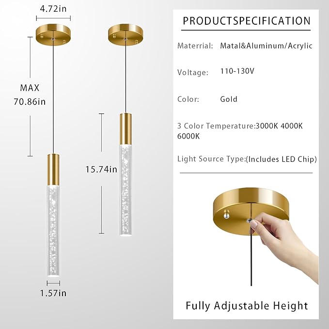 Modern Gold Pendant Light Fixture 3-Color for Kitchen Island, 1-Light LED Pendant Lighting Cord Adjustable Acrylic Ceiling Hanging Lights for Living Room Bedroom Dining Room (1 Pack)
