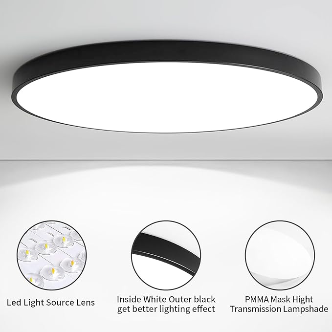 20 Inch Flush Mount Ceiling Light Fixture, Dimmable with Remote, 3000K-6500K Adjustable Color, 36W 3600Lm Ultra Thin Modern Round LED Ceiling Light, Black for Bedroom, Kitchen, Living Room