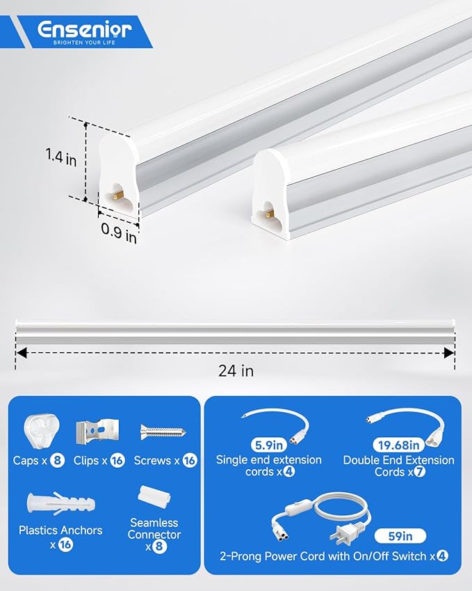 Ensenior 8-Pack T5 LED Shop Lights, 2FT 1000LM 6500K Super Bright White Integrated Single Fixture, 10W Linkable Utility Commercial Lighting for Office/Gym/Garage/Ceiling/Under Cabinet, Plug & Play