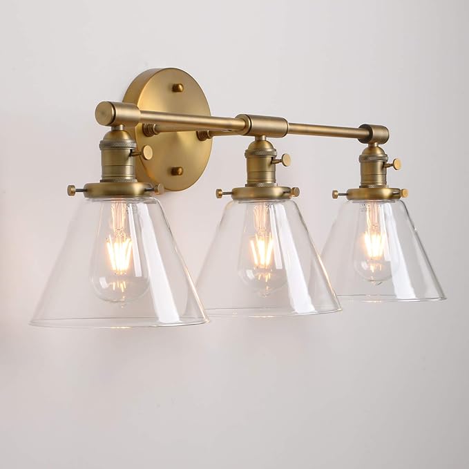 Permo Vintage Industrial Antique Three-Light Wall Sconces with Funnel Flared Clear Glass Shade (Antique)