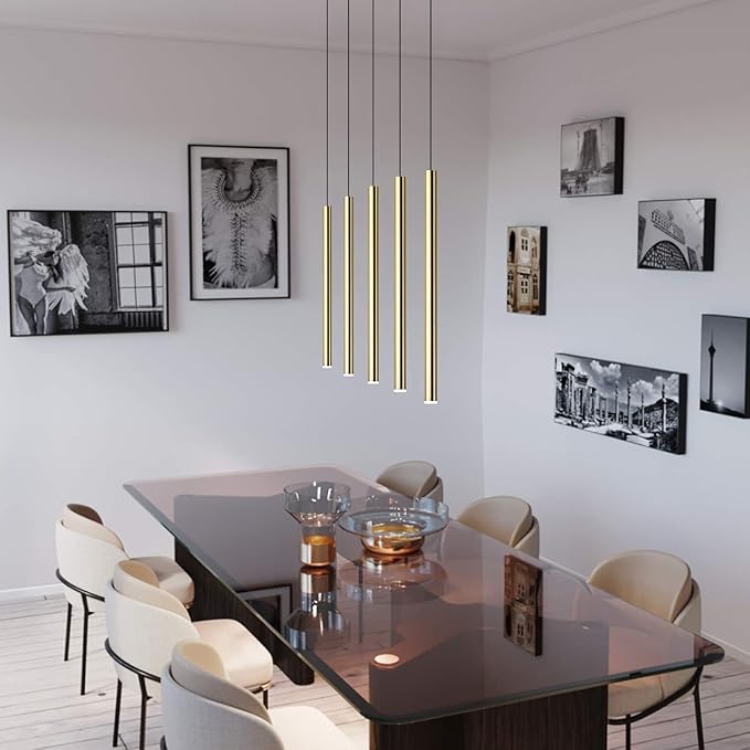 CANALIS 5 Mini Pendant Lighting Brass - LED Hanging Light Fixture for Kitchen Island, Bar, Foyer - Cluster Pendants - Dimmable, Adjustable Wire, Lamp Bulb Included