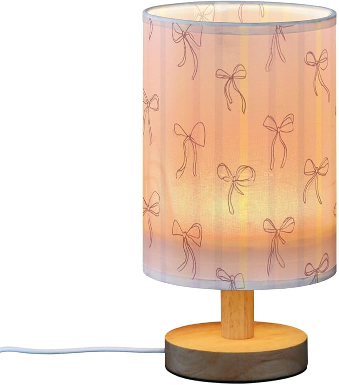 Aslsiy Coquette Pink Bows Bedside Table Lamp Pink Beige Stripes Nightstand Lamp Night Light Fabric Shade for Bedroom Living Room Home Office