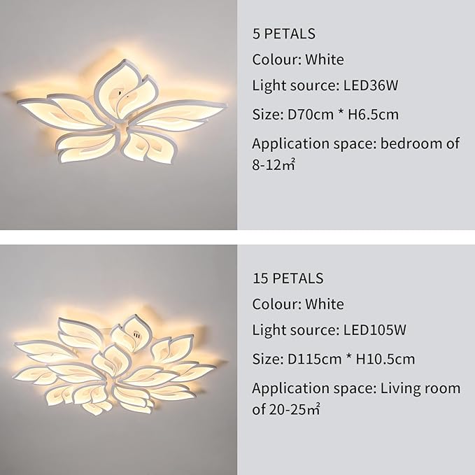 JAYMP 25.6" Flower Shaped Ceiling Light Dimmable Modern Ceiling Lamp Remote Control LED Lighting Fixture for Bedroom Dining Room Kitchen (White/5 Petals)