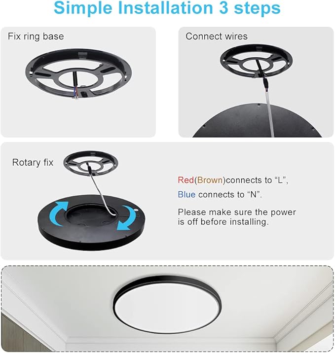 12 Inch 24W LED Flush Mount Ceiling Light, Daylight White 5000K, Round LED Ceiling Light, 3200LM, Black Low Profile for Bedroom Closet Stairwell Hallway Kitchen