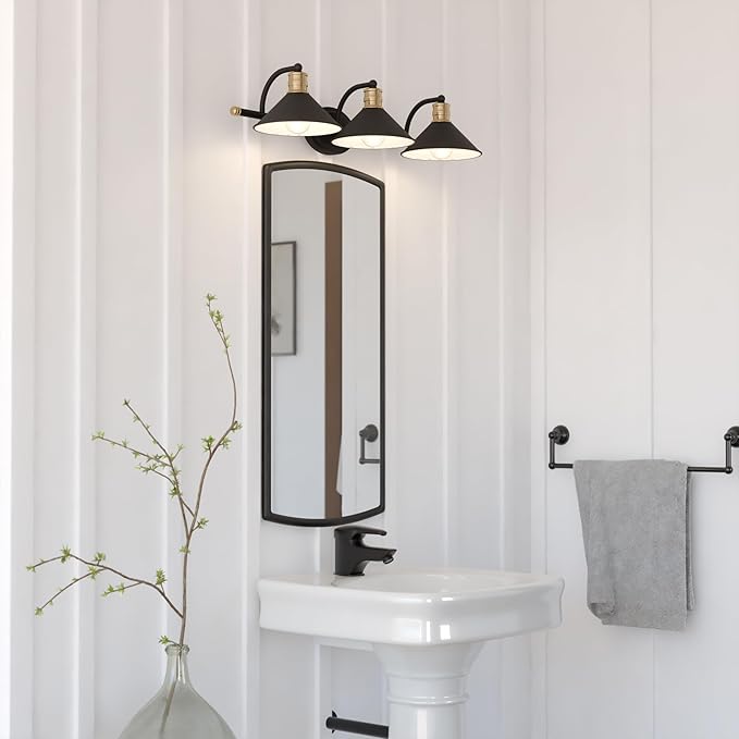 VAXCEL Akron 3-Light 28 inch Wide Matte Black and Natural Brass Industrial Bathroom Vanity Lighting Fixture, Metal Shade, Dimmable, LED Compatible, Over The Mirror Mounted Steel Wall Sconce