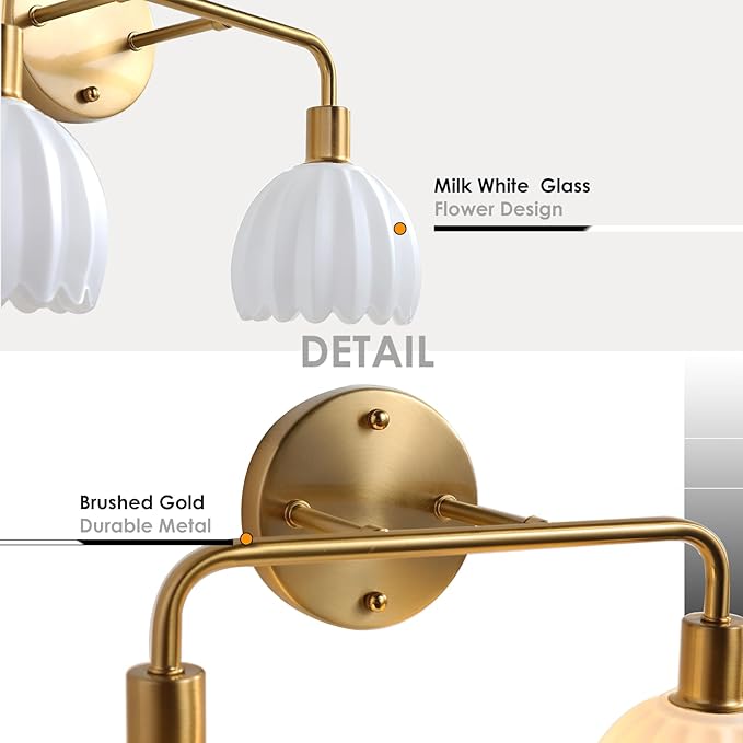Brushed Gold 4-Light Vanlity Light Over Mirror,Wall Sconces,Gold Brass Bathroom Light Fixture with White Glass Flower Shade,E26(Bulbs Not Included)