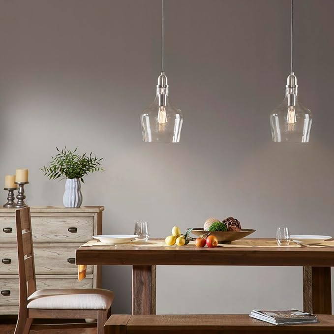 INK+IVY Auburn Pendant Kitchen Lighting for Dining Room, Industrial Lights, Hand-blown Glass Bell Shaped Pendant Light for Kitchen Island, Foyer, Bedroom, 9" Dia x 95.5" H, Silver/Clear