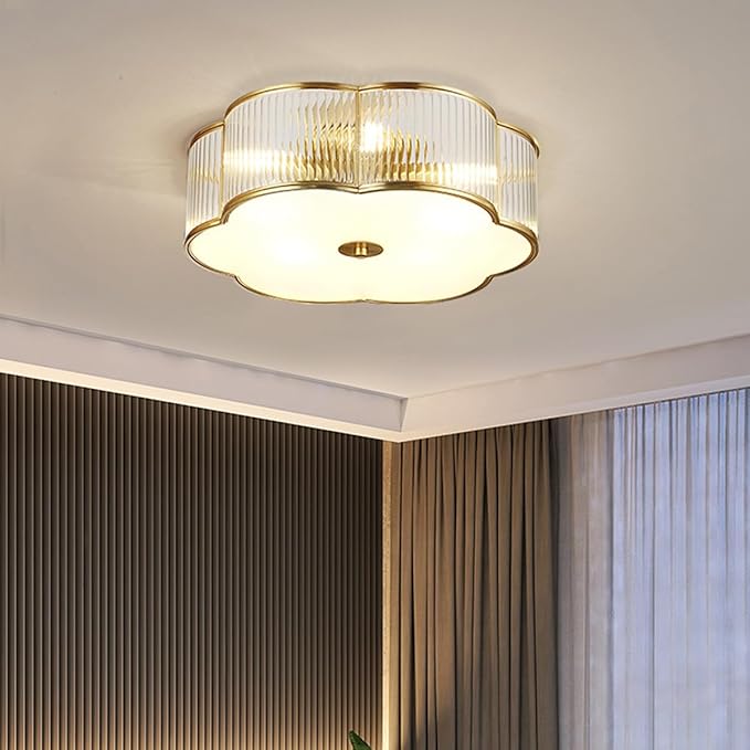 Modern Floral Flush Mount Ceiling Light,Art Deco Brass Ceiling Light,Gold Scalloped Light Fixture,Frosted Glass Ceiling Lamp for Hallway Bedroom Dining Room and Kitchen