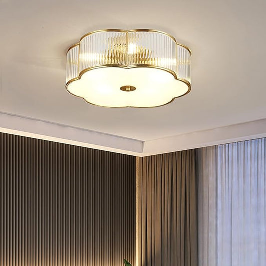 Modern Floral Flush Mount Ceiling Light,Art Deco Brass Ceiling Light,Gold Scalloped Light Fixture,Frosted Glass Ceiling Lamp for Hallway Bedroom Dining Room and Kitchen