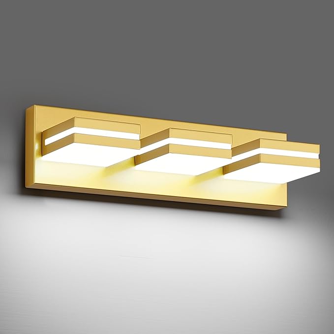 Modern LED Small Bathroom Lights Fixtures 3-Light,Metal Gold Acrylic Wall Lighting,Vanity Lights for Bathroom Over Mirror 6000k 16in