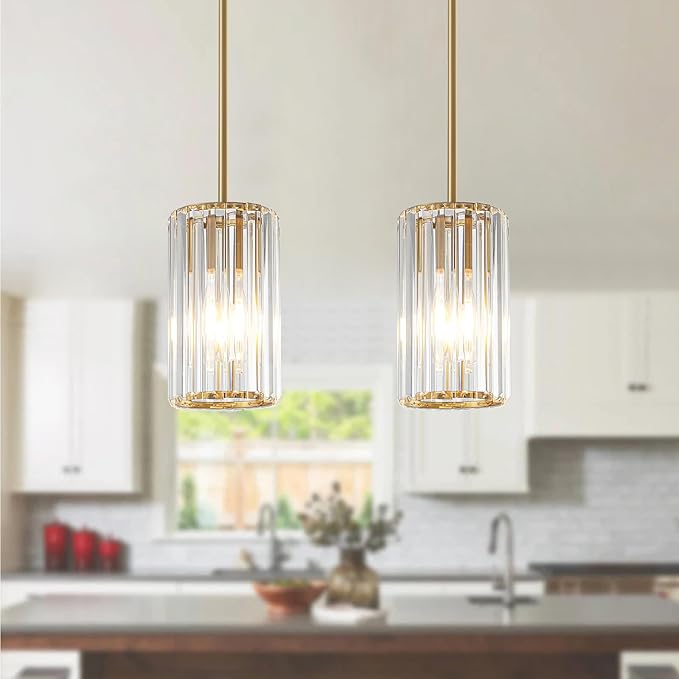 Gold Modern Crystal Pendant Lights Hanging Light Fixture, 2 Pack Pendant Lights Kitchen Island Adjustable Mini Pendant Lighting Fixtures for Kitchen Island Dining Room Hallway Bedroom