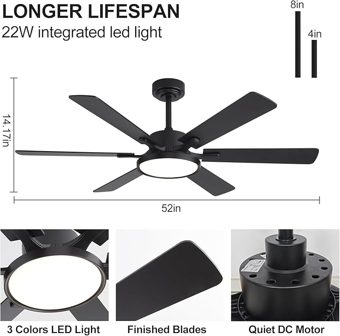 52in Black Low Profile Ceiling Fan with Light, Remote Control, 6 Blades, Dimmable LED, Flush Mount, Reversible, 6 Speeds, Ultra Quiet, Indoor Use, Bonus Wall Switch, Outdoor Rated