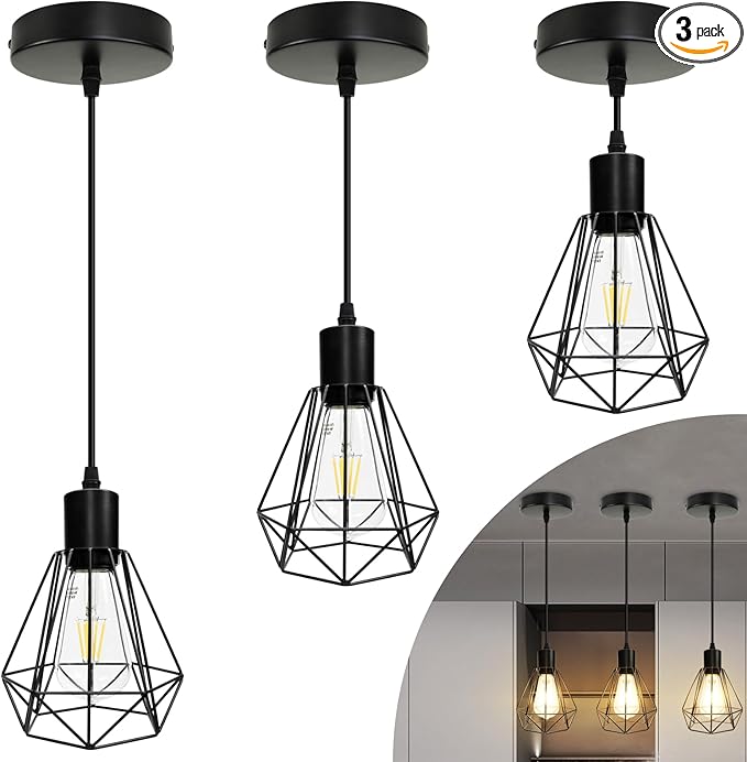 LTBLIGHT 3 Pack Hanging Lights for Kitchen, Black Farmhouse Pendant Light Fixture with 47.2in Adjustable Cord, Sloped Ceiling Lamp for Dining Room, E26 Base (Bulbs Not Included)