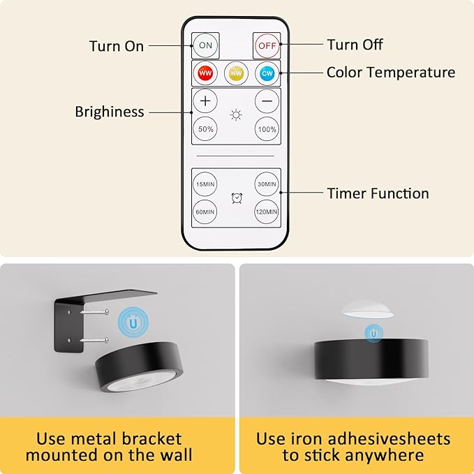 3 Pack Picture Lights for Wall, Rechargeable Battery Operated wall lights, Picture Frame lights with 3 Lighting Modes, Wireless Magnetic Painting Light with Remote Control Timer (Black, 3 Pack)