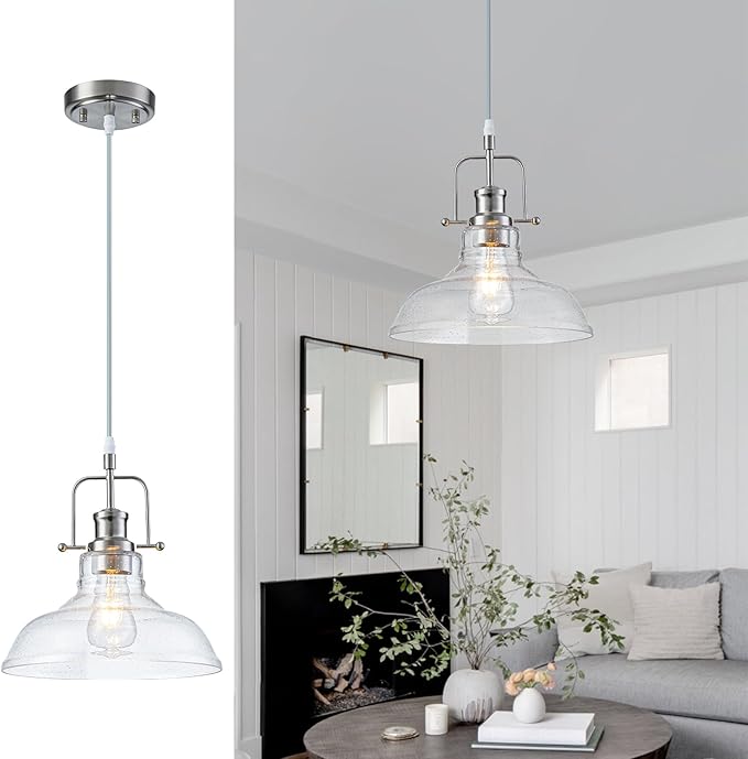 WILON Seeded Glass Pendant Lights,11 Inch Sand Nickel Pendant Lights Kitchen Island with E26 Base Vintage Hanging Ceiling Lamp for Kitchen Sink Hallway Dining Room Entry Hall(Sand Nickel Color)