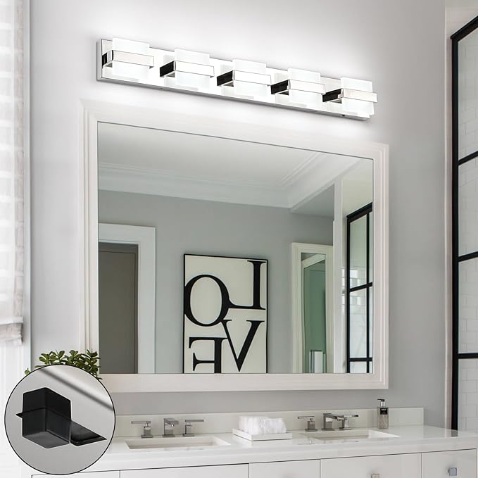 SOLFART Chrome Bathroom Light Fixture, 5 Light LED Vanity Lights Over Mirror, Lights for Bathrooms,5 Color Temperature Adjustable Vanity Lights for Bath Nickel