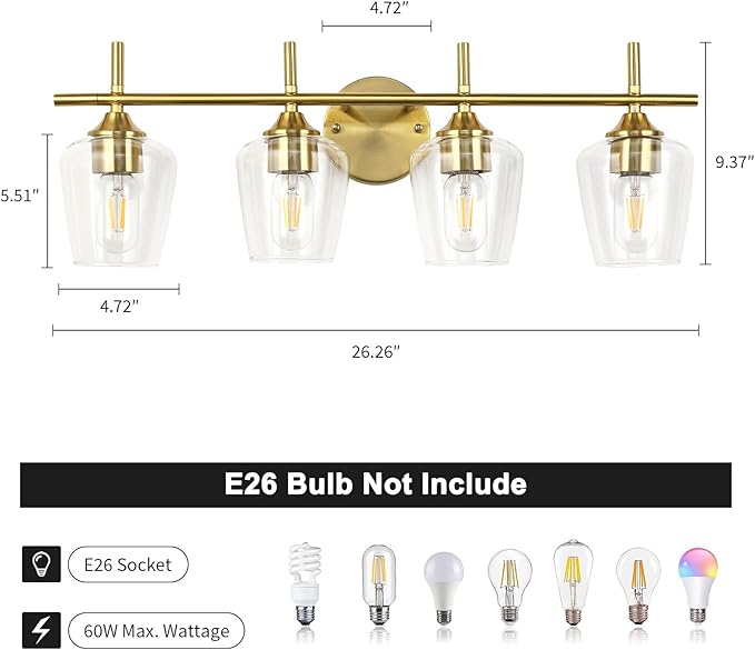 Bathroom Light Fixtures 4-Light Brushed Nickel Bathroom Vanity Light with Clear Glass Shade, Modern Wall Lights for Bedroom Hallway Living Room (Gold, 4-Light)