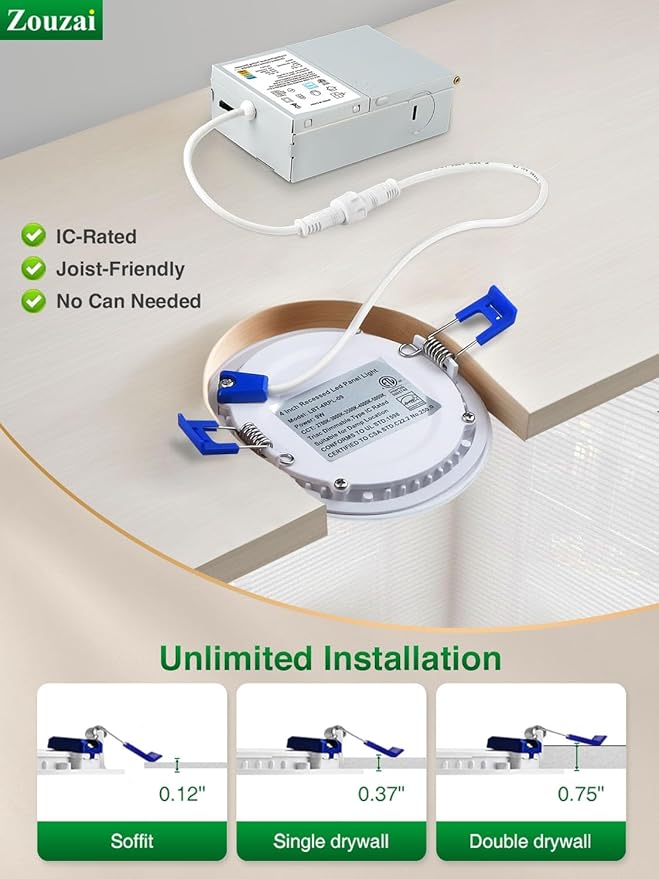 zouzai 20 Pack 6 Inch Ultra-Thin LED Recessed Ceiling Light with Junction Box 5CCT Adjustable Dimmable Can-Killer Downlight - ETL and Energy Star Certified
