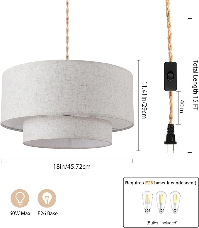 Plug in Pendant Light, 2-Tier Drum Linen Pendant Light with 15ft Hemp Rope Cord, E26 On/Off Switch, 18" Plug in Hanging Chandelier for Dining Room Kitchen, Includes Bulbs