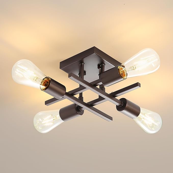 Industrial 4-Light Semi Flush Mount Ceiling Light Fixture, Farmhouse Oil Rubbed Bronze Chandelier Lighting, Modern E26 Base Sputnik Ceiling Lamp for Kitchen Living Room Hallway Entryway