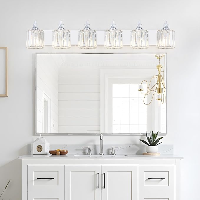 6-Light Modern Bathroom Light Fixture Chrome Bathroom Vanity Lights Over Mirror Wall Sconce Lighting with K9 Crystal Shades E26 Base for Bedroom, Living Room, Hallway Wall Lamp