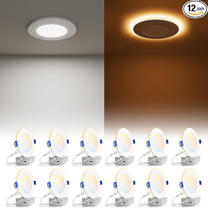 VOLISUN 12 Pack 3 Inch 5CCT Recessed Light with Night Light, Canless LED Recessed Lighting 3 inch, 2700K-5000K Selectable, 500LM Dimmable Recessed Ceiling Wafer Light, ETL Certificated