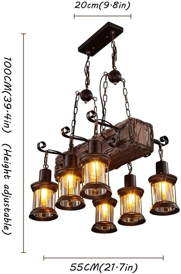 Farmhouse Lighting Industrial Rustic Wood Beam Linear Island Pendant Light Chandelier Lighting Hanging Ceiling Fixture 6-Light