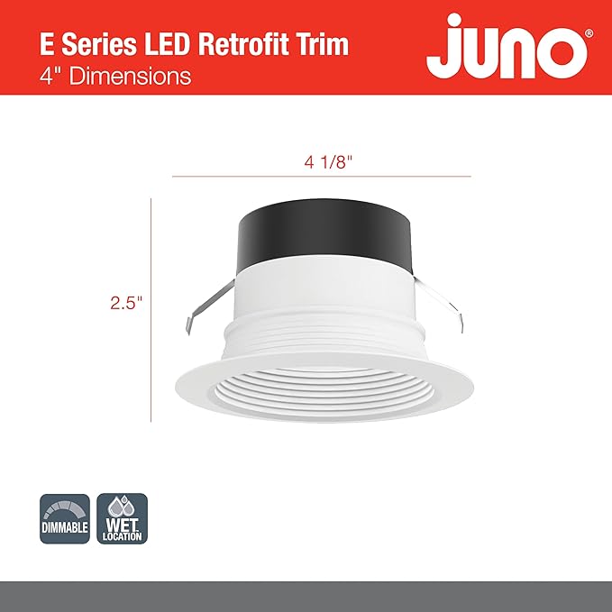 Juno E Series 4" LED Ceiling Light, Baffle Trim Recessed Lighting with 5-in-1 Switchable White Color, 700 Lumens, Wet Rated LED Downlight, Dimmable, White, 12-Pack