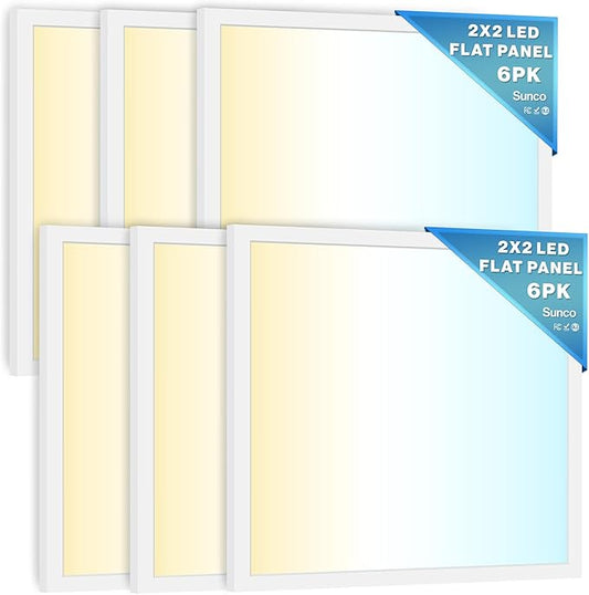 Sunco 6 Pack 2x2 LED Flat Panel Lights for Drop Ceiling, Troffer Replacement Light Fixture, 5200 LM, Selectable Features, 30W/35W/40W, 4000K/5000K/6000K, Dimmable (0-10V) ETL/DLC