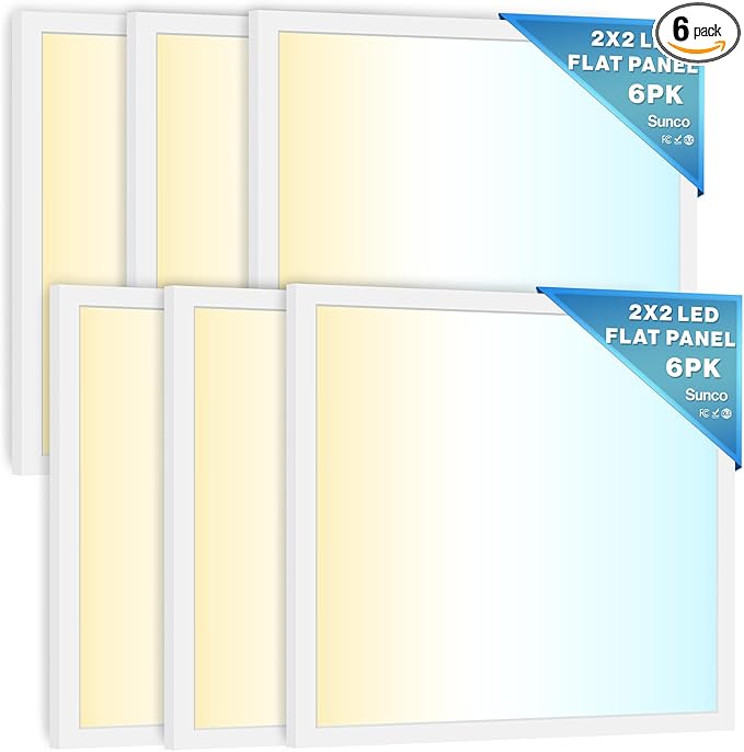 Sunco 6 Pack 2x2 LED Flat Panel Light for Drop Ceiling, Commercial Troffer Replacement Lighting Fixture, 4400 LM, 40W, Selectable CCT 4000K/5000K/6000K, Dimmable (0-10V), Dustproof ETL