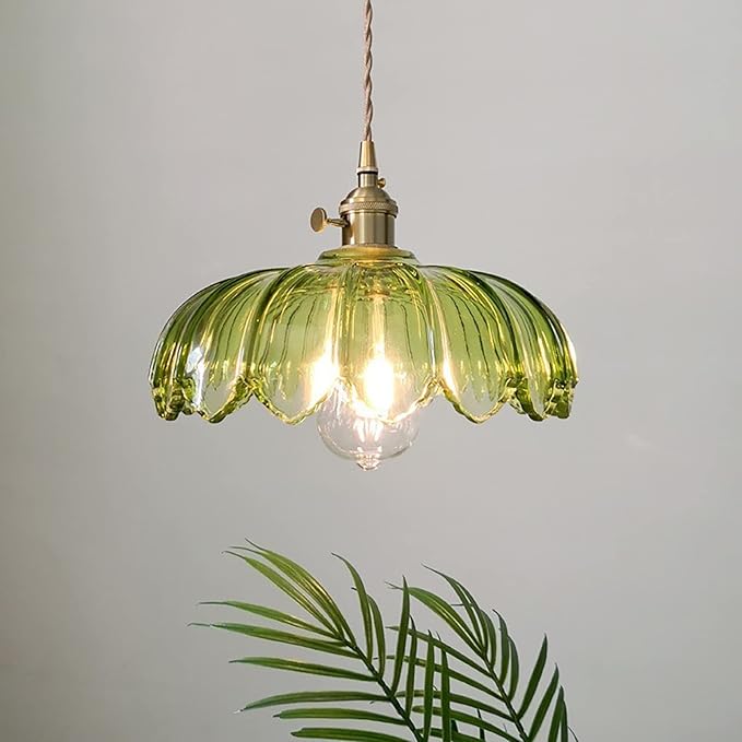 Green Glass Pendant Light Fixtures Medium 9.8 Inches Lampshade Gold Brass Finish and Switch Vintage Pendant Ceiling Lamp Copper Farmhouse Pendant Lighting (Green)