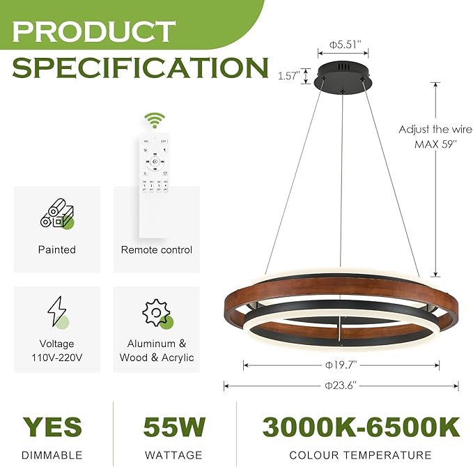 Benkut Wooden LED Chandelier Farmhouse Walnut Color 24" Round Pendant Light, Dining Room Light Fixtures with Remote Control, 2 Ring Wood Chandelier Dimmable for Kitchen Island Entryway Living Room