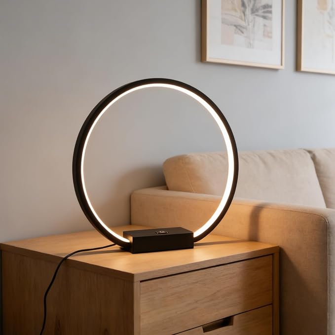 LED Circle Table Lamp Touch Control 3-Way Dimmable Bedside Nightstand Lamp with USB Port Modern Tabletop Lamps, 12W 3000K Warm Light, Desk Lamp for Bedroom Living Room, Black