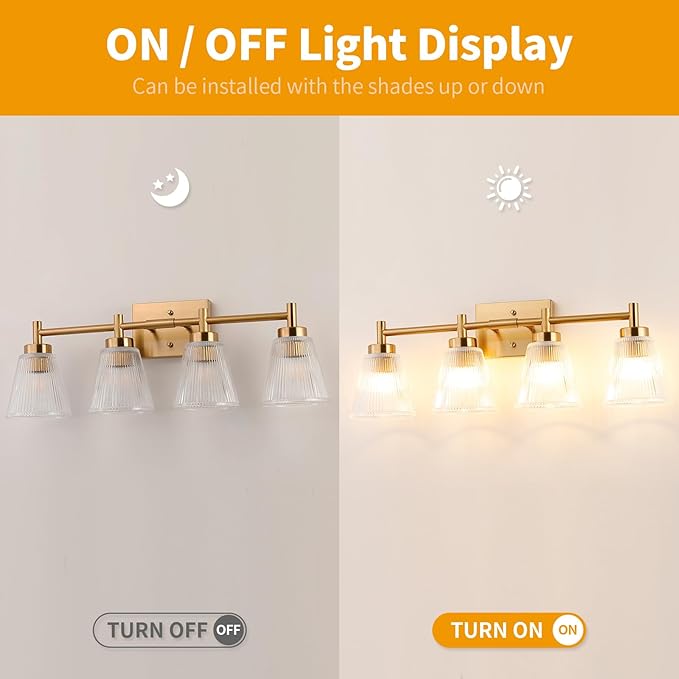 OCIOC 4-Light Bathroom Vanity Light, Burshed Gold Bathroom Light With Stripe Glass Shade, Makeup Light over Mirror, Wall Mounted Sconces for Living room, Kitchen, Hallway