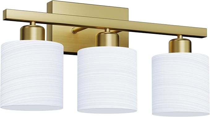 PARTPHONER Bathroom Light Fixtures, Bathroom Lighting Fixtures Over Mirror, Interior Classic Vanity Lights, Modern Vanity Light with Textured White Glass Shade, Brushed Gold, 3-Light
