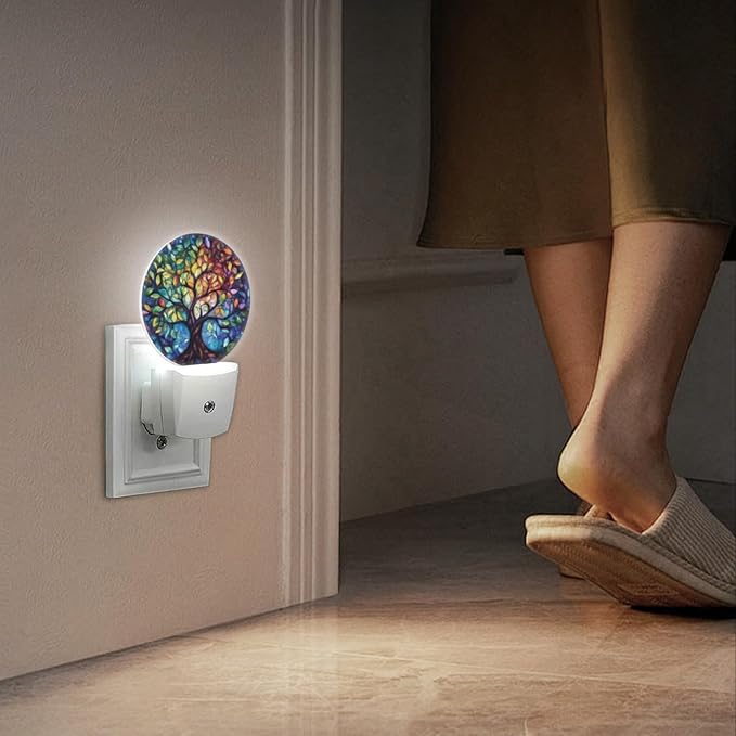 Round LED Night Lights Lamp with Dusk to Dawn Sensor, Circular Stained Glass Design of The Tree of Life Night Light Plug Into Wall for Kids Room, Bedroom, Bathroom, Kitchen, Hallway
