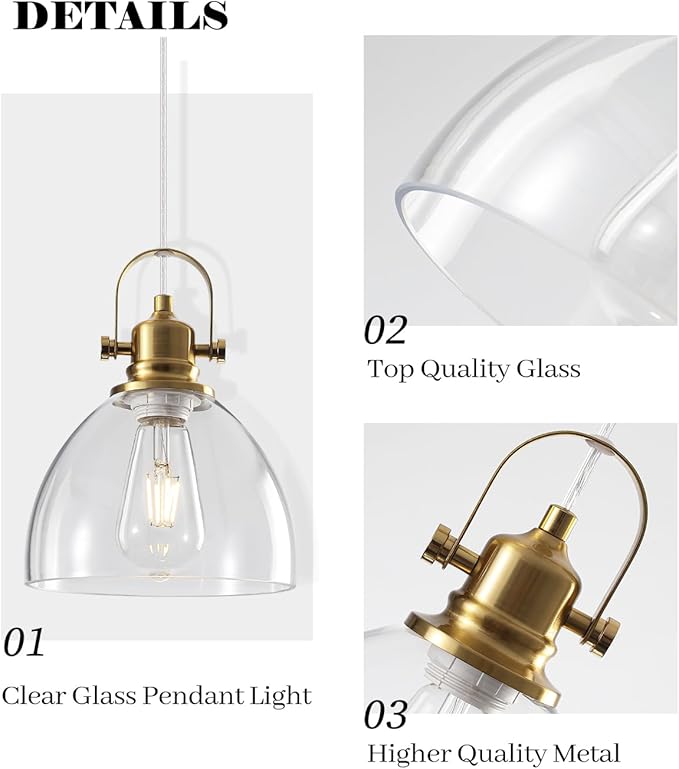 Glass Pendant Lights Kitchen Island, 7.5 inch Gold Glass Pendant Lights 1-Pack, Modern Pendant Light with Clear Glass Shade, Farmhouse Kitchen Pendant Light for Dining Rooms, Kitchen Island