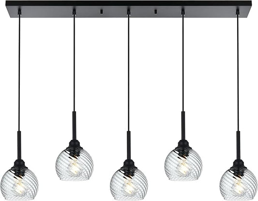 5 Light Kitchen Pendant Lighting Over Island with Striped Swirl Globe Glass, Black Blown Glass Pendant Light Hanging Ceiling Lamp Contemporary Chandelier for Dining Room Bar Living Room