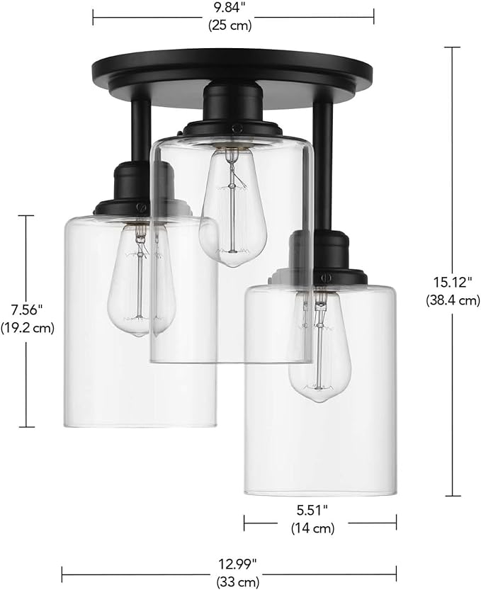 Globe Electric 65456 3-Light Flush Mount Ceiling Light, Industrial Tiered Matte Black Fixture, E26 Base, Dimmable