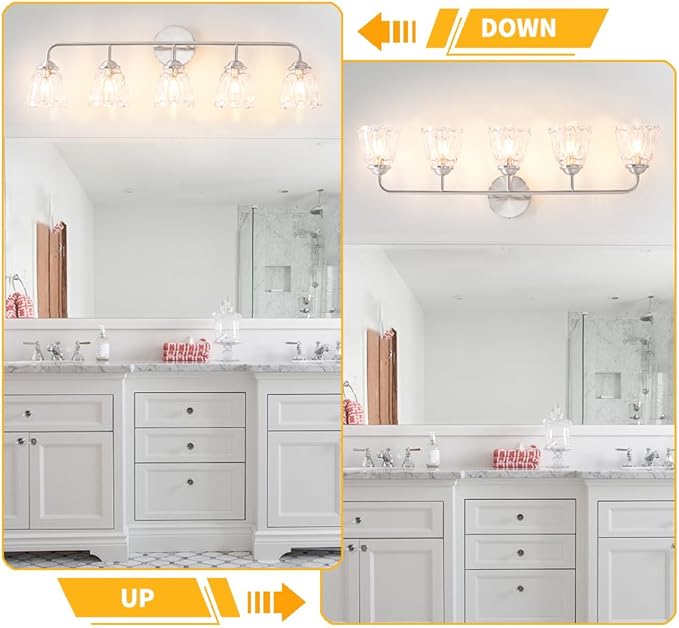 Daunton Vintage Vanity Light for Bathroom, Elegant Vanity Light with Flower Glass Shade, Brushed Nickel 5-Light Bathroom Lighting Fixtures Over Mirror, Wall Sconce Lighting for Bedroom, Living Room