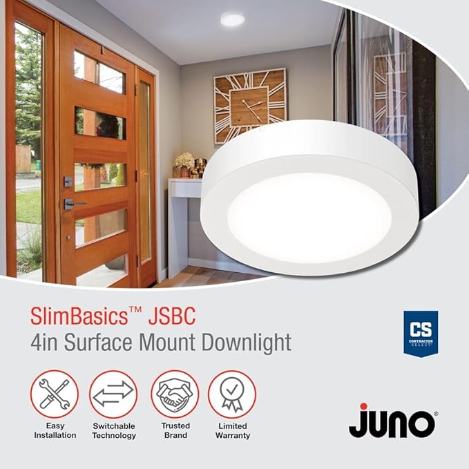 Juno Slim Basics 4 Inch LED Ceiling Light, Low Profile Surface Mount Downlight for Shower or Closet Lighting, 3000K/4000K/5000K Selectable White Light, Edged Trim, Wet Rated, Matte White