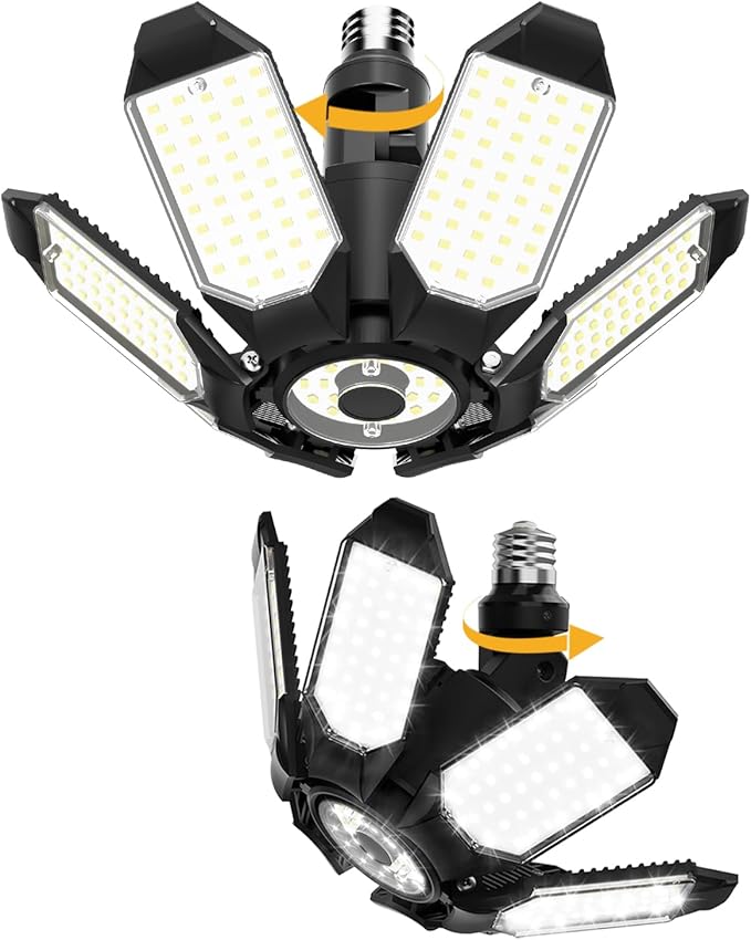 Adiding LED Garage Light Rotatable 2 Pack, Bright Basement Shop Ceiling Bay Lighting Fixture w/ 6 Adjustable Panels Screw in E26 E27 Bulb Base for Attic, Shed, Warehouse, Home Gym, Utility, Workshop