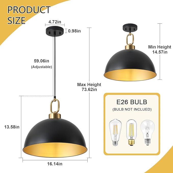 16.1" Large Farmhouse Pendant Lights Kitchen Island, Industrial Dome Pendant Light Fixture, Matte Black with Gold Handle Adjustable Height Hanging Island Light for Dining Room,Kitchen,Cafe