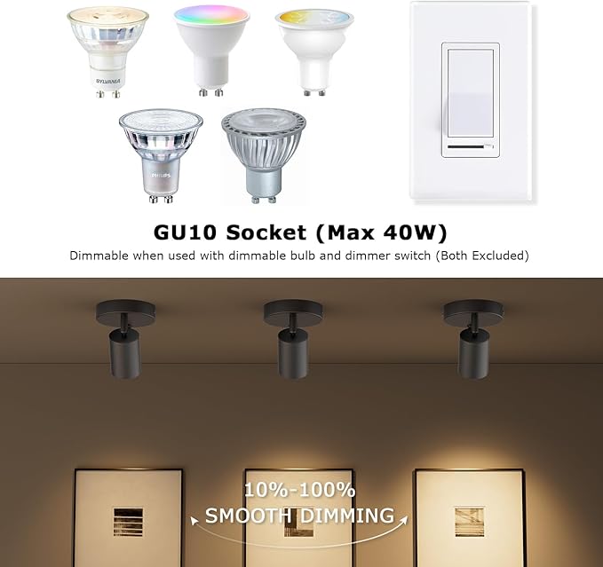 2-Pack Directional Flush Mount Spot Light Dimmable Ceiling Spotlight Indoor LED Spot Lights Adjustable Wall Spotlight Focus Light Accent Light Fixture for Living Room, Black, GU10 Bulb Not Included