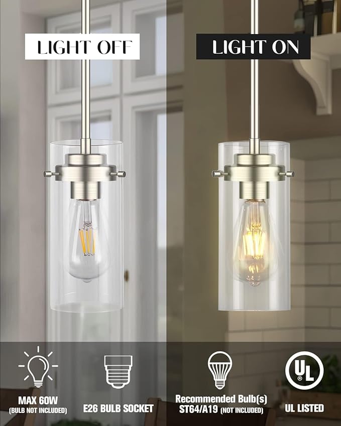 EAPUDUN Pendant Lights Kitchen Island (3 Pack), Clear Glass Shade Kitchen Lighting fixtures Ceiling Hanging, Black Pendant Lights for Kitchen Island,Dining Room,Corridor Bedroom E26 Base