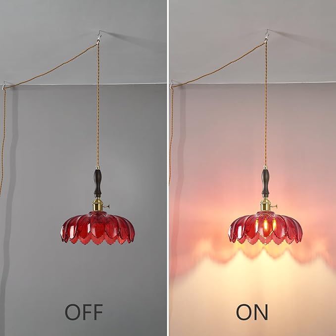 Modern Red Plug in Glass Pendant Light Retro Flower Glass Hanging Lamp Gold Brass Decorative Adjustable Ceiling Hanging Light Suitable for Kitchen Island Bedroom Dining Room Living Room
