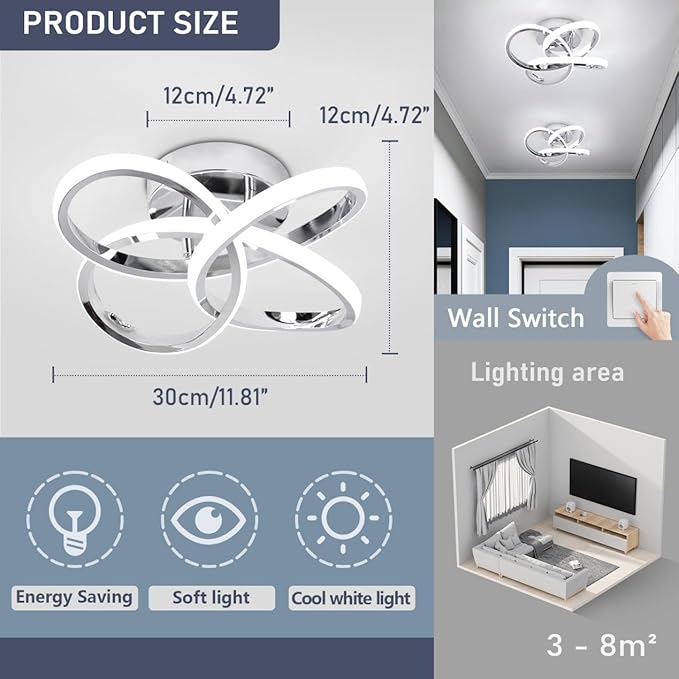 EIDISUNY Modern Led Ceiling Lights, 11.8in Chrome Curved Hallway Ceiling Lights Fixtures, 26W Flush Mount Ceiling Light for Bedroom Kitchen Bathroom Entryway Balcony Stair - Cold White Light 6000K