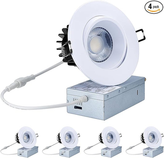 POPANU Canless Recessed Gimbal Downlight - Suitable for 20ft High Ceiling 1200lm 4 Inch 15W LED Rotatable Eyeball Spotlight, 5CCT Dimmable Lights with Junction Box, Anti-Glare White 4 Pack