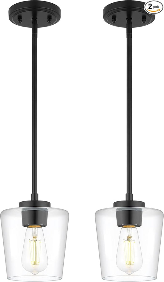 Pendant Lights Kitchen Island 2 Pack, 6" Matte Black Hanging Lights Fixtures with Clear Glass Shade, Modern Kitchen Pendant Lighting Over Island for Dining Room, AD-22004-1P2-BK-C
